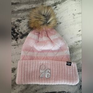 NWT! PHILADELOHIA 76'ers Pink White Knit Hat Beanie With Fur Pom Zephyr Headwear